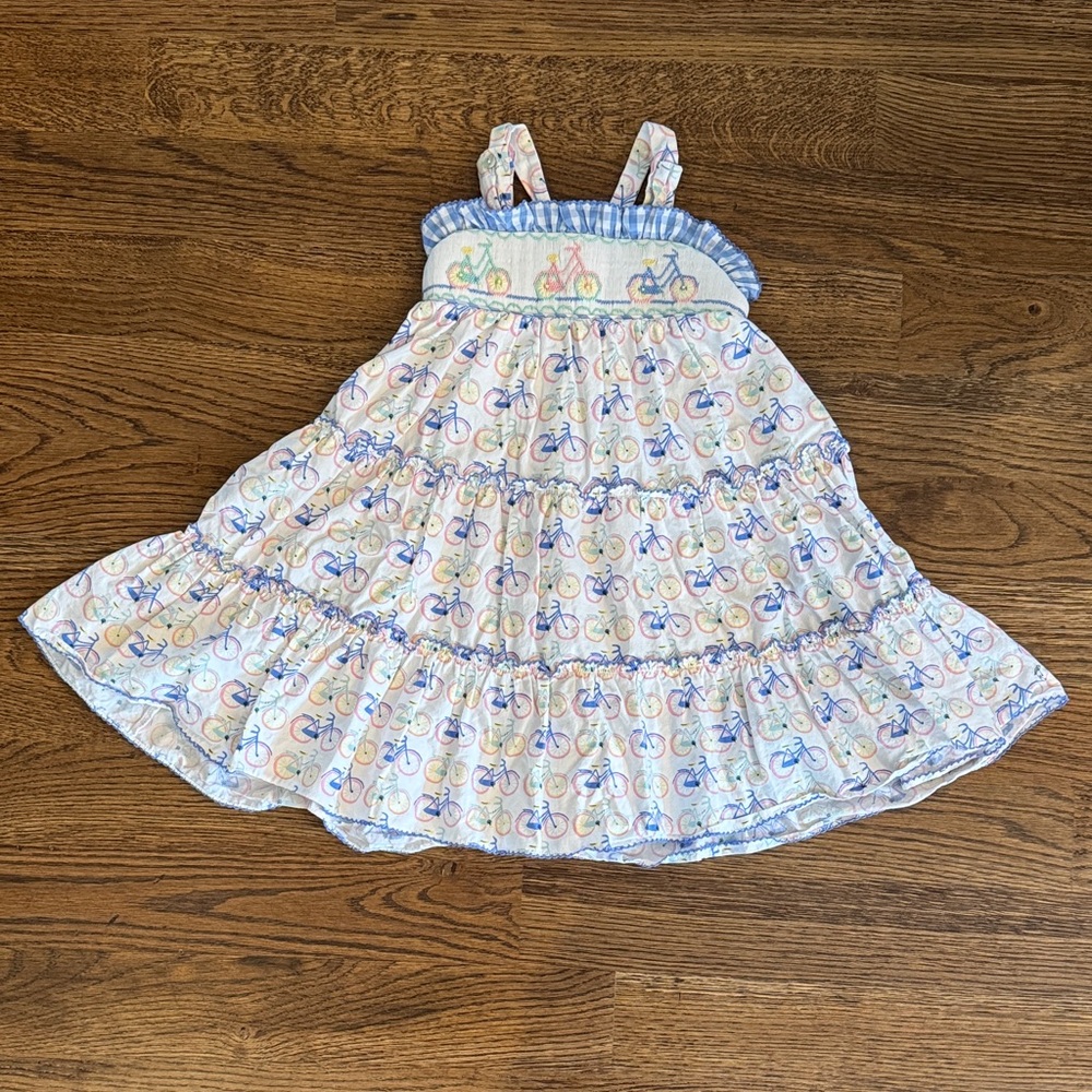 Shrimp And Grits Kids Smocked Embroidered Bicycle Print Sundress